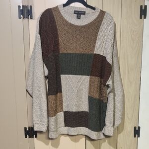Cozy Patchwork Sweater - Cream, Brown, Green